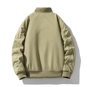 Minimalist olive green men's bomber jacket with ribbed cuffs and warm windproof fabric