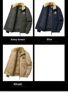 Three colors of men's bomber jackets with yellow plush collars and utility sleeve pockets