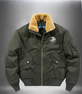 Detailed close-up of army green pilot jacket with warm fleece collar and utility pocket