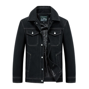 Men's black casual denim jacket with white contrast stitching and map lining