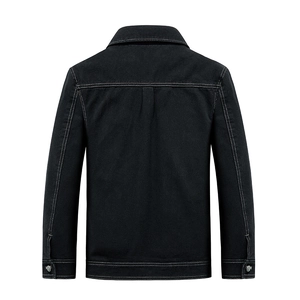 Classic black denim jacket for men with contrast white stitching and rugged workwear design