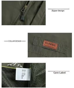 Dettaglio gilet pesca verde militare con zip metallica, patch in pelle e fodera in rete
