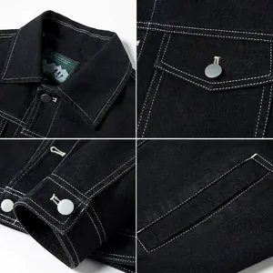 Classic men's black denim jacket with white contrast stitching and multi-pocket details