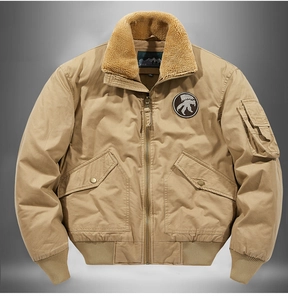 Detailed view of winter bomber jacket with warm faux fur collar and utility sleeve pocket
