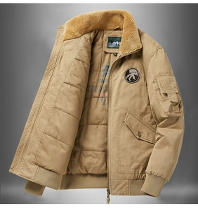 Detail of khakis aviator jacket showing fleece collar and quilted inner lining