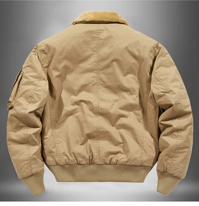 Rear view of men's khaki corduroy jacket with fleece collar and ribbed cuffs