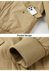 Detail of khaki jacket showing large flap pocket with metal snap and ribbed windproof cuff