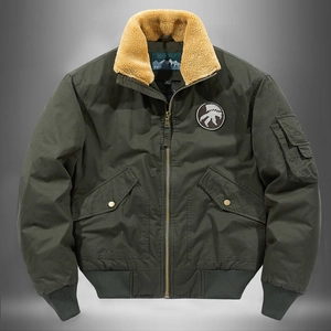 Men's winter military green corduroy flight jacket with warm sherpa collar and patch