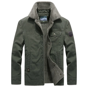 Detail of army green winter jacket with grey fleece lining on collar and interior