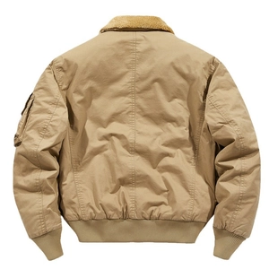 Back view of men's khaki corduroy jacket with warm fleece collar and ribbed hem