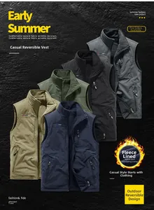 Outdoor reversible fleece vest for men showing five colors and warm inner lining detail