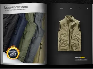 Detail view of fleece-lined outdoor utility vests with multi-pockets and stand collar