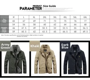 Size chart showing M-6XL dimensions for winter fleece-lined men's lapel jacket coat