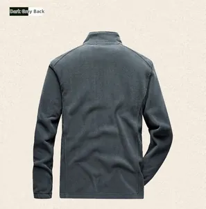 Detail view of the back of a dark gray fleece jacket with stand collar and textured fabric