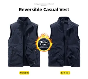 Detail view of navy blue cargo vest with warm fleece lining and reversible outdoor design