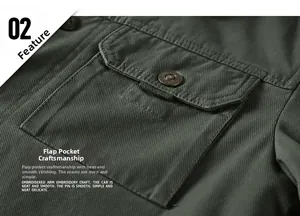 Detail of army green jacket featuring a twill cotton flap pocket and metal button