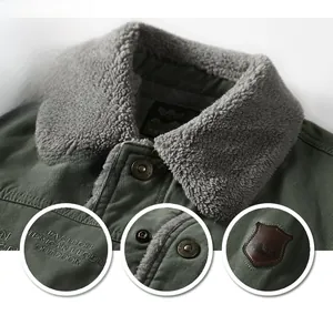 Detail of winter jacket showing fleece collar, American Legend embroidery and logo patch