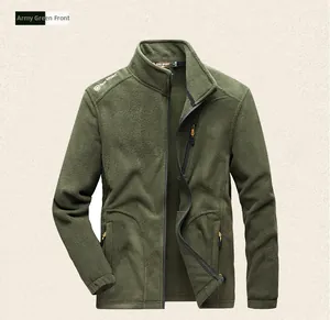 Detail view of army green fleece jacket with standing collar and zip pockets