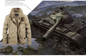 Detail of khaki workwear jacket with thick fleece collar and military-inspired pockets