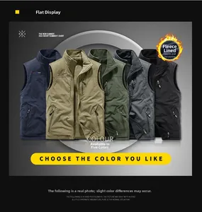 Detailed stack of multi-pocket fleece-lined work vests in five assorted colors