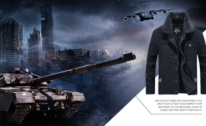 Detailed view of winter military work jacket with gray faux fur collar and pocket details