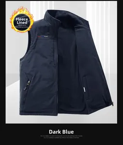 Detail of dark blue windproof vest with warm black fleece lining and full zipper closure