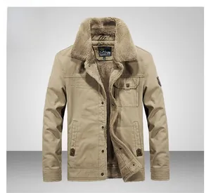 Detail of khaki men's winter jacket showing fleece lining and chest embroidery