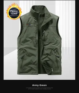Detail of army green outdoor vest showing windproof fabric and warm fleece lining