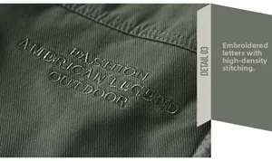 Detail of army green jacket featuring vintage embroidery and high-density stitching