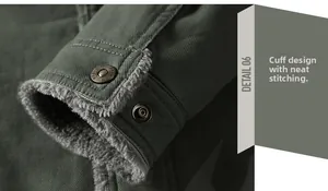 Detail of warm winter jacket cuff with thick faux fleece lining and metal button