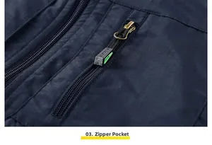 Macro shot of a navy blue zippered pocket with ripstop texture on a vest