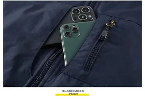 Detailed view of the functional chest zipper pocket with large capacity for two smartphones