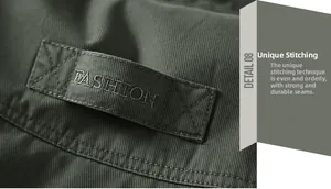 Close-up of military green twill fabric featuring a FASHION embroidery patch and stitching
