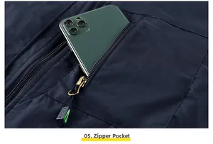 Detail view of deep blue fleece vest with a large secure zipper pocket for smartphones