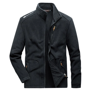 Men's black fleece jacket with full zip stand collar and orange zipper pullers