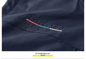 Detail of chest embroidery with FREEDONWAY text and colorful stripes on blue vest