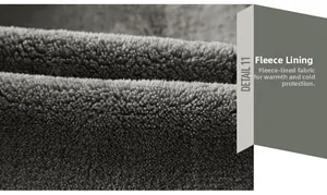 Detail view of the deep gray thick fleece lining for cold weather warmth and thermal protection