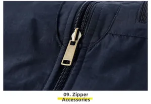 Detail of premium antique bronze metal zipper on navy blue reversible fleece outdoor vest