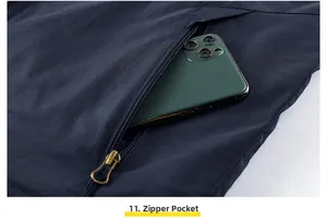 Detail view of navy blue fleece vest with a secure bronze metal zipper pocket for smartphones