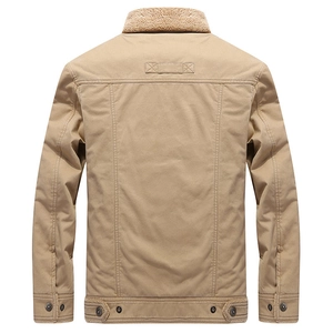 Back view of men's khaki winter fleece jacket with warm brown collar and metal buttons