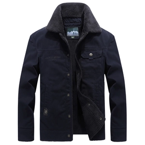 Fleece lined winter jacket for men in navy blue with thick faux shearling collar