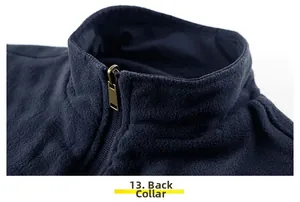 Close-up of warm navy fleece vest featuring a stand collar and antique bronze metal zipper