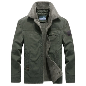 Winter heavy-duty green fleece-lined jacket for men with warm faux sheepskin collar