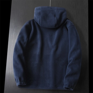 Back view of a thick navy fleece hoodie showing warm double-layer fabric texture