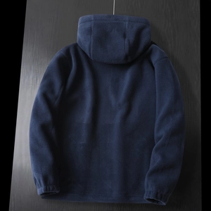 Back view of a heavy navy blue fleece hoodie for men with warm thermal lining