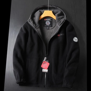 Norway flag embroidered heavy fleece hoodie jacket with gray inner lining in black color