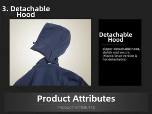 Detail of the detachable hood with zipper on this blue winter outdoor jacket