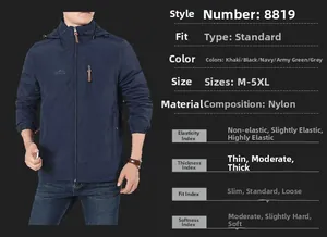 Detail view of navy blue hooded outdoor jacket showing chest zipper and nylon texture