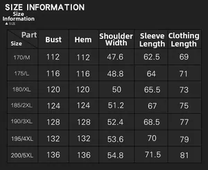 Detailed size chart for men's winter jacket with measurements from M to 5XL for perfect fit