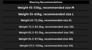 Size chart for men's winter jacket with weight recommendations from M to 5XL
